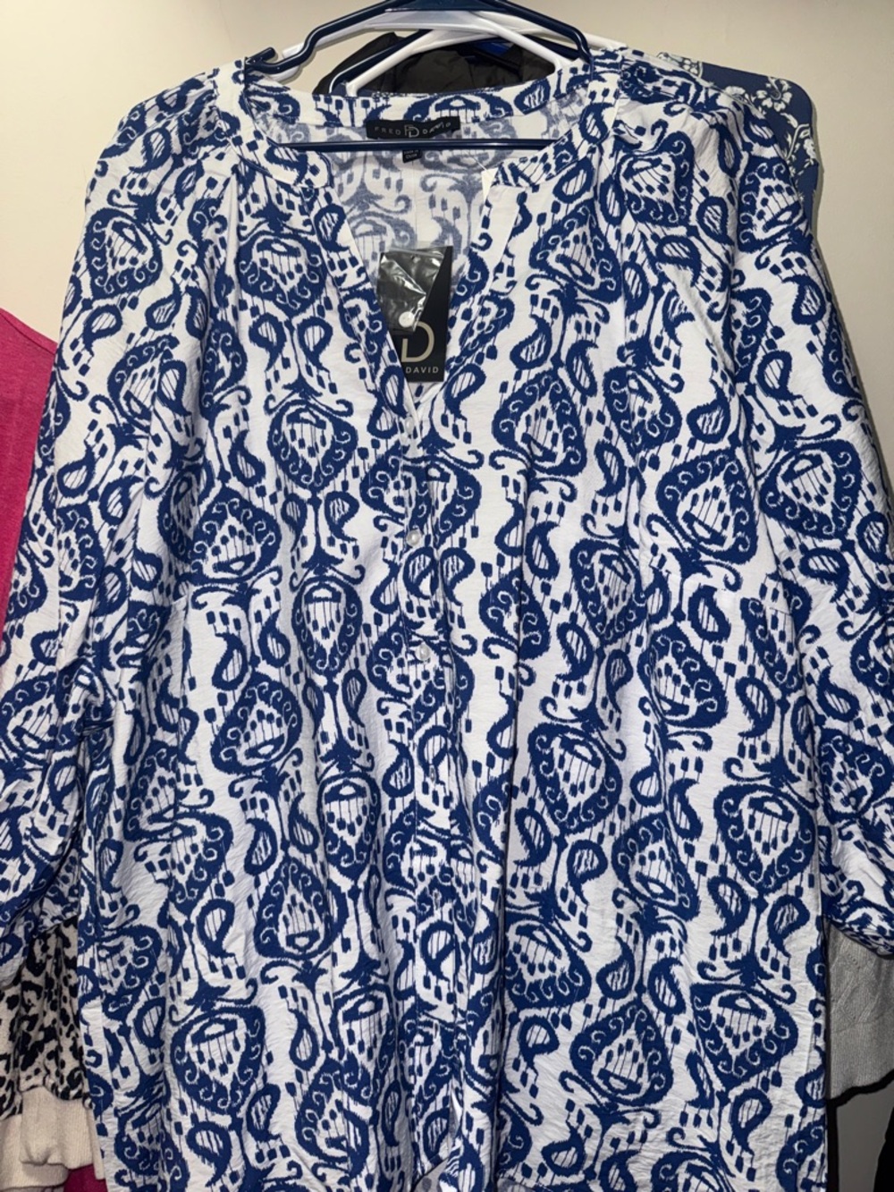 Fred David White Blouse with Royal Navy Abstract Motif 2X NWT